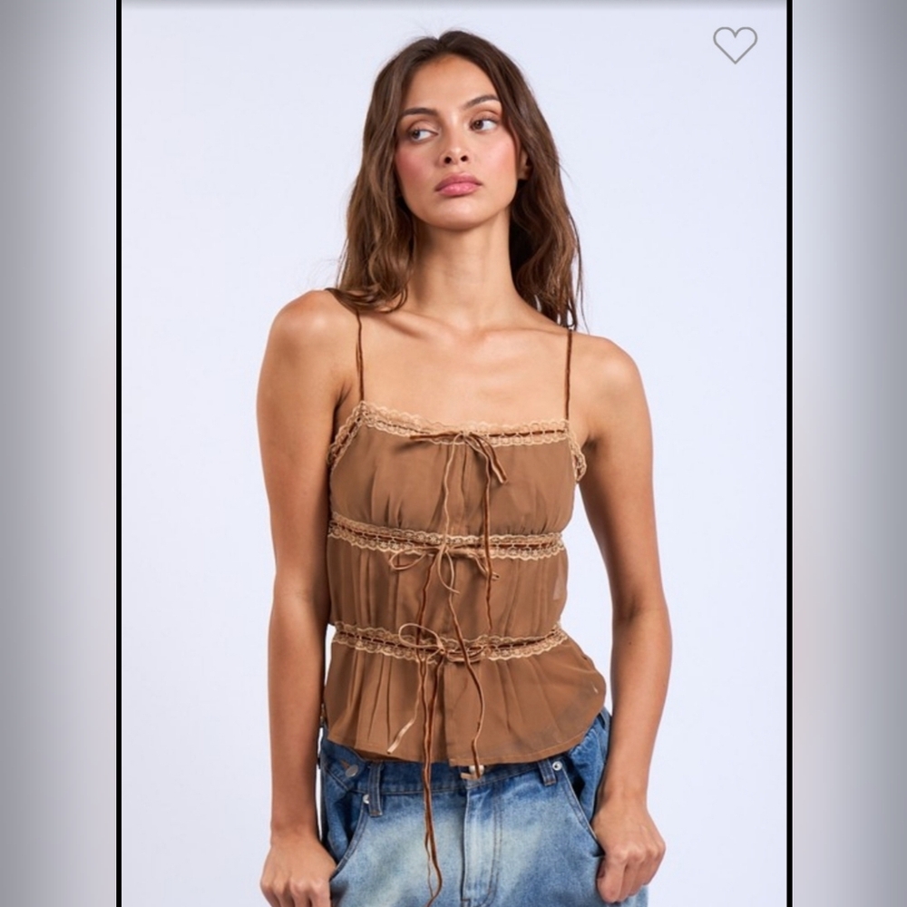 Sleeveless Brown Lace-Trim Cami Top